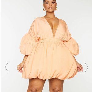 PLUS ORANGE PUFF SLEEVE PUFFBALL HEM SHIFT DRESS